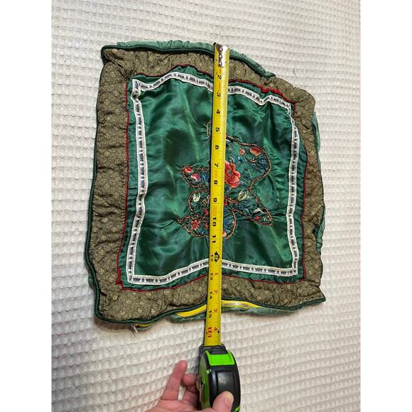 VTG Handmade Embroidered Floral Green Silky Decretive Pillowcase Sham - Picture 6 of 11
